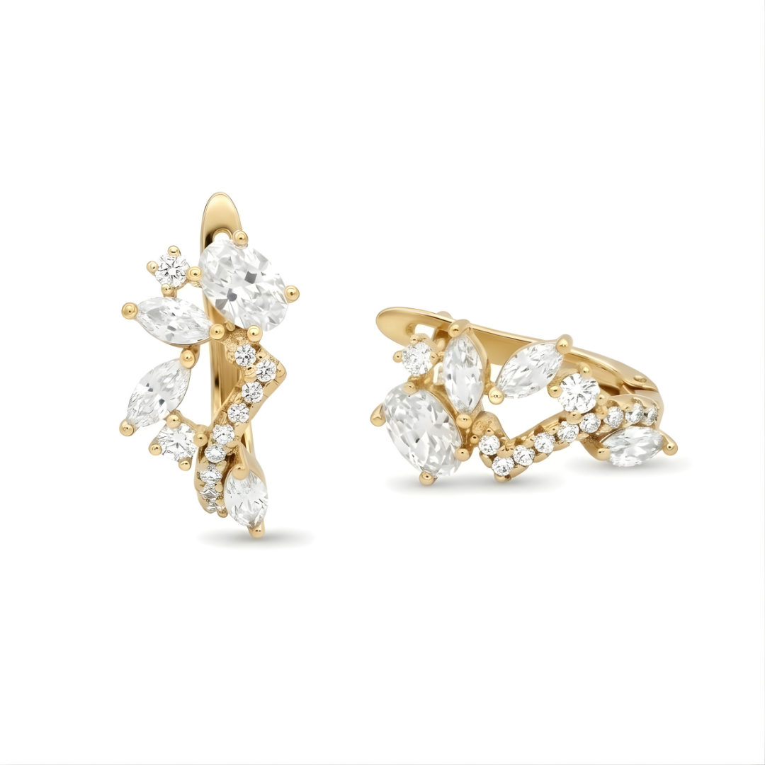 18K Gold Filled Multi-Cut CZ Cluster Huggie Earrings – Oval & Marquise Crystal Floral Huggie Hoop Earrings for Women